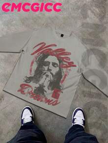 Manfinity Y2k Long Sleeve Shirts ,Graphic T Shirt Cotton 250g,Fashionable Hip-Hop For Men -  Long Sleeve T-Shirts, Funny Vintage Shirts,Regular Fit, Street Style, Digital Print,  Ideal Gift - 灰色 - 查看 2