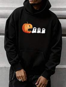 Men's Casual Hoodie With Pumpkin And Ghost Patterns, Halloween Gift, Holiday Casual Style, Halloween Outfit, Autumn And Winter Gift, Outdoor Street Essential Hoodie, Suitable For Halloween And Daily Wear,Fall Hoodies,Men's Fall Clothes,Street Wear,Halloween,Mens Hoodies,Y2k Clothes,Jesus Hoodie,Thanksgiving Day,Nightmare Before Christmas,Christmas - Black - View 1