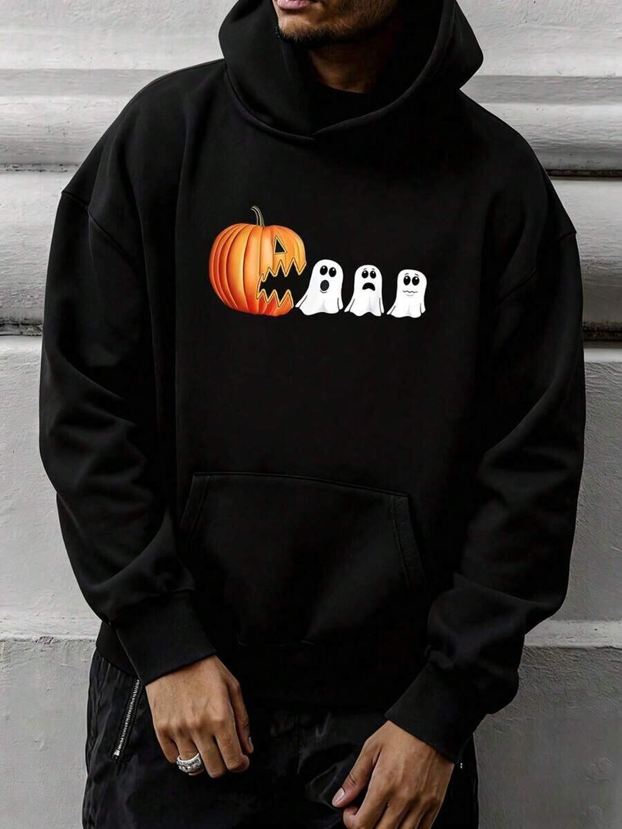 Men's Casual Hoodie With Pumpkin And Ghost Patterns, Halloween Gift, Holiday Casual Style, Halloween Outfit, Autumn And Winter Gift, Outdoor Street Essential Hoodie, Suitable For Halloween And Daily Wear,Fall Hoodies,Men's Fall Clothes,Street Wear,Halloween,Mens Hoodies,Y2k Clothes,Jesus Hoodie,Thanksgiving Day,Nightmare Before Christmas,Christmas - Black - View 1