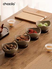 choxila 1个陶瓷甜点杯，粗陶小吃杯，木质带底座沙拉碗，冰淇淋碗，小吃盘，托盘，水果盘，酸奶杯，适合居家、下午茶、娱乐和斋月使用