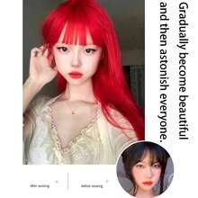 DZfirst 红色 24 英寸长直发假发带刘海合成玫瑰网直发假发适合女士日常派对万圣节服装使用 - 紅色 - 查看 4