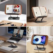 Book Stand For Reading Adjustable Book Holder With 360° Rotating Bases Foldable Designs And Elastic Clips Multifunctional Display Stand For Recipe Cookbooks Magazines Tablets Laptops - DarkWood - View 2