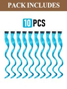 10 lọn tóc nối kẹp nhiều màu sắc, 22 inch, màu xanh nhạt, tóc giả xoăn dài, tóc nối kẹp dùng cho lễ hội âm nhạc, cosplay, tiệc thời trang, quà Giáng sinh và năm mới (Dành cho nữ) - Màu xanh nhạt - Xem 10