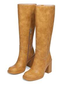 Women's Knee High Boots Square Toe Chunky Block Heeled Wide Calf Side Zipper Platform Boots For Women Riding Tall Boots Comfortable Fall Winter Long Boots - Màu vàng - Xem 4