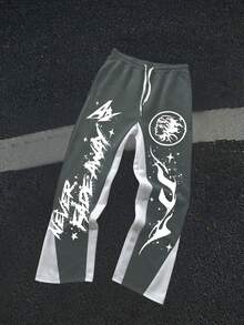 Men's Y2K Style Autumn And Winter Collection - Star Flame - Printed Pattern Design Drawstring Sweatpants, Loose Casual Sports Pants, 250g Polyester Soft Fabric, Machine Washable, Local Warehouse, Fashionable And Versatile, Straight Leg Pants Suitable For Boys And Girls Returning To School, Streets, Outdoor Sports Wear - Grayish blue(灰藍色) - 查看 1