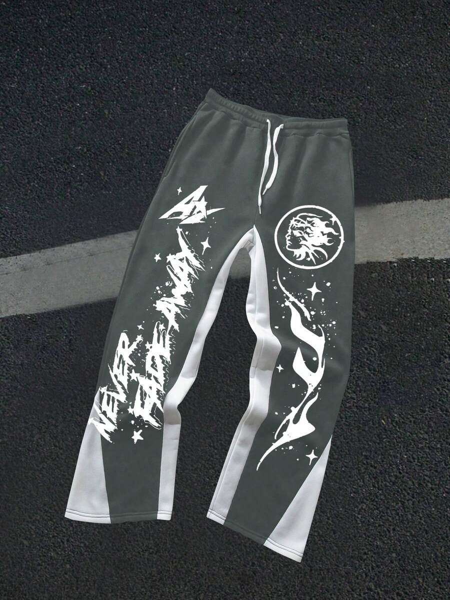 Men's Y2K Style Autumn And Winter Collection - Star Flame - Printed Pattern Design Drawstring Sweatpants, Loose Casual Sports Pants, 250g Polyester Soft Fabric, Machine Washable, Local Warehouse, Fashionable And Versatile, Straight Leg Pants Suitable For Boys And Girls Returning To School, Streets, Outdoor Sports Wear - Grayish blue(灰藍色) - 查看 1
