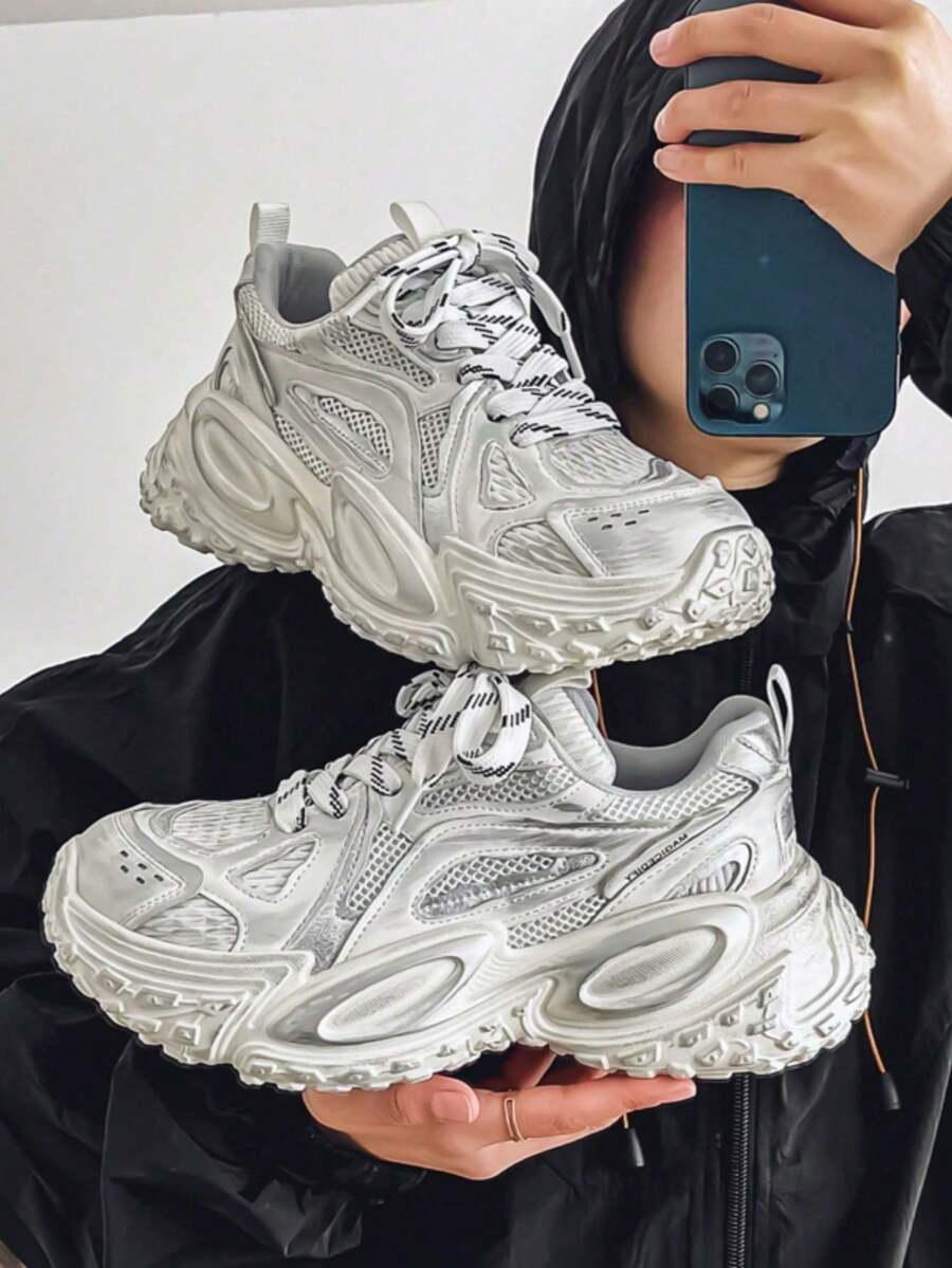 Tom's 男士复古透气网眼休闲运动鞋，加高轮胎鞋底厚底运动鞋，高端巴黎厚底运动鞋，时尚厚底透气运动休闲鞋，高品质夏季 - 白色 - 查看 1