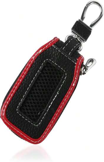 Hbxdeco Car Key Fob Case, Leather Car Key Chain Case Holder With Mesh Window, Universal Auto Keychain Case Protector Cover (Black+Red)