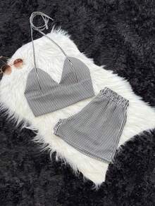 CONJUNTO 2 PEÇAS SHORTS E CROPPED DUNA LISTRADO MODA FASHION THEND VERÃO 2026 - Preto - Visão 2