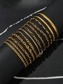 12pcs Fashion Stainless Steel Gold Silver Necklace Bracelet Jewellery Set Suitable For Daily Matching Use Lots Of Accessories - Multicolor - View 5