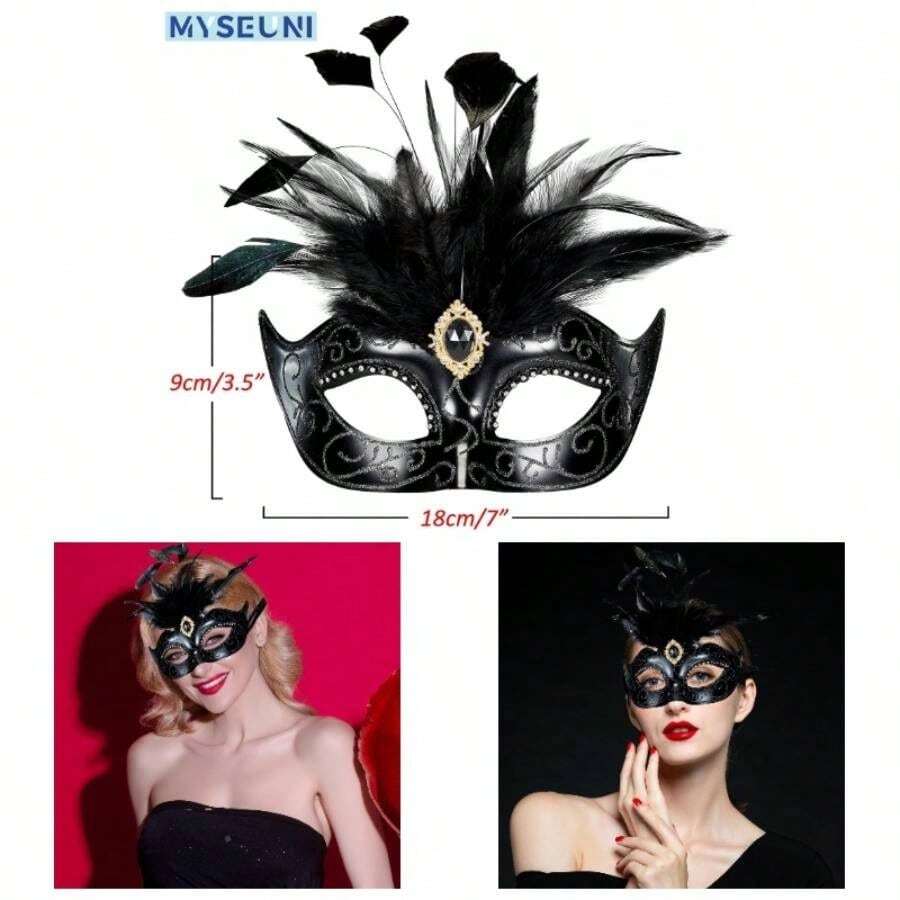 2025 Masquerade Women With Feathers - Venetian Masquerade Ball, Mardi Gras, Prom - 黑色 - 查看 1