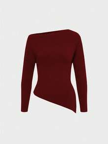 Elegant Fashion Casual Asymmetric Shoulder Knit Sweater, Slim Fit Asymmetrical Hem Pullover For Daily Commute - Red - View 9