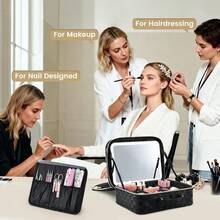 Makeup Bag With LED Lighted Mirror 12.2 IN Travel Double Layer Makeup Case Adjustable Brightness In 3 Colors Cosmetic Organizer Artist Storage With Dividers Brush Holder Vanity Black Checkerboard - BlackCheckerboard - Xem 6