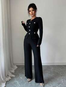 Women's Elegant Black Two Pieces Outfit Ribbed Knit Round Neck Gold Button Cardigan Top And Wide Leg Pant Set