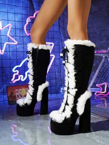 Fall/Winter Punk Fashion Mid-Calf Boots, Faux Fur Thick Platform Shoes - Black and White - View 4