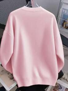 彩色蝴蝶结3D装饰宽松落肩圆领长袖针织套头衫，休闲可爱，适合秋冬季节穿着，时尚百搭，适合情人节/圣诞节粉色假期 - 粉色 - 查看 3