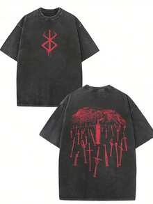 GLEC Japanese Hot Blooded Cartoon Anime, Simple And Versatile On The Streets Throughout The Four Seasons. Retro Fashion Sword Tomb Popular Letter Pattern Print Boutique 230g Washed Cotton T-Shirt, Suitable For Men To Wear All Year Round. High Quality Retro Fashion Brand Loose, Soft, Comfortable Black Casual T-Shirt, Suitable For Outdoor Wear All Year Round, With A Certain Thickness. It Is Suitable For Daily Wear, Friend Gifts, And Back To School Gifts. - 黑色 - 查看 1
