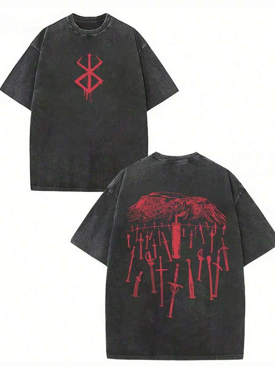 GLEC Japanese Hot Blooded Cartoon Anime, Simple And Versatile On The Streets Throughout The Four Seasons. Retro Fashion Sword Tomb Popular Letter Pattern Print Boutique 230g Washed Cotton T-Shirt, Suitable For Men To Wear All Year Round. High Quality Retro Fashion Brand Loose, Soft, Comfortable Black Casual T-Shirt, Suitable For Outdoor Wear All Year Round, With A Certain Thickness. It Is Suitable For Daily Wear, Friend Gifts, And Back To School Gifts. - 黑色 - 查看 1