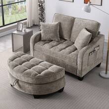 Two-Seater Sofa, Double Sofa Chaise Longue, With Irregular Armrests And Backrests, Footrest With Storage Space, Comes With Two Small Throw Pillows, Suitable For Living Room And Bedroom - Cyan - 棕色 - 查看 4