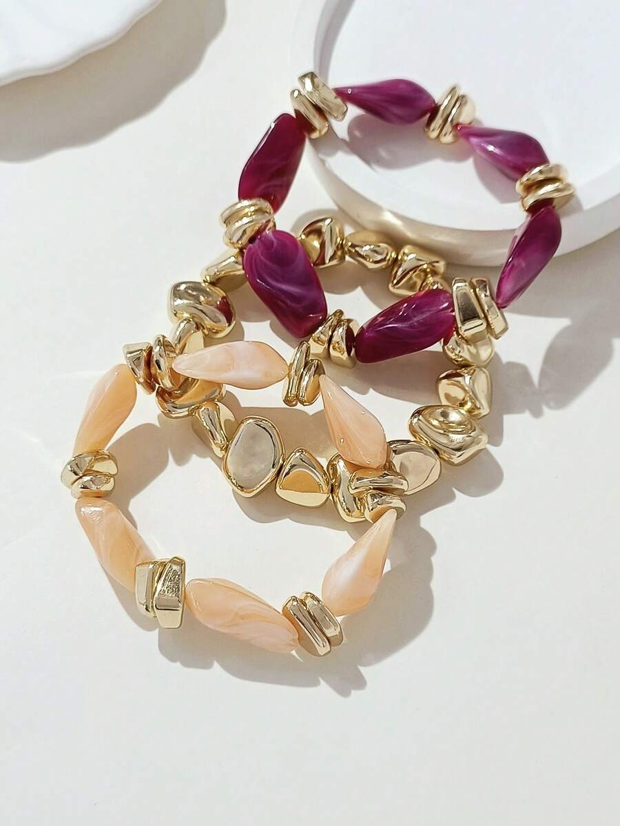 LADYCOCO 3pcs Vintage Thick Chunky Acrylic Beaded Multilayer Bracelet, Transformable Gold Chip Bracelet, Suitable For Women, Couples, Party, Daily Wear - Multicolor 28 - View 1