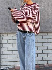 Striped Contrast Ribbed Casual Loose Raglan Top