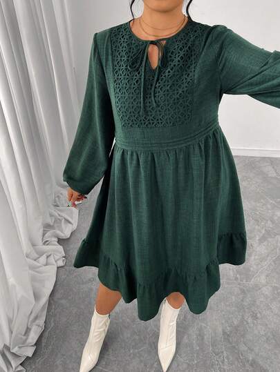 Abito a pieghe con scollo a V, lacci in corda intrecciata, orlo a strati, stile linea ad A, abito da bambola, casual, elegante, streetwear per donna, autunno/inverno, taglie comode