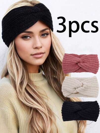 Set de 3 diademas gruesas de punto, diadema de punto cruzado hecha a mano, diadema calentadora de orejas, accesorios de moda de diadema de punto para mujeres y niñas
