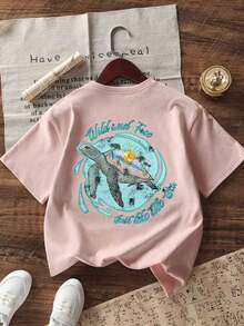 Tween Girls Turtle Graphic Print Crew Neck Short Sleeve T-Shirt Top, Summer - Pink - View 3