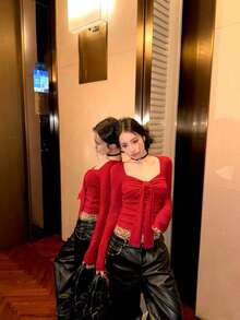 女士蝴蝶结长袖T恤，紧身修身圆领打底衫，春季款 - 紅色 - 查看 6