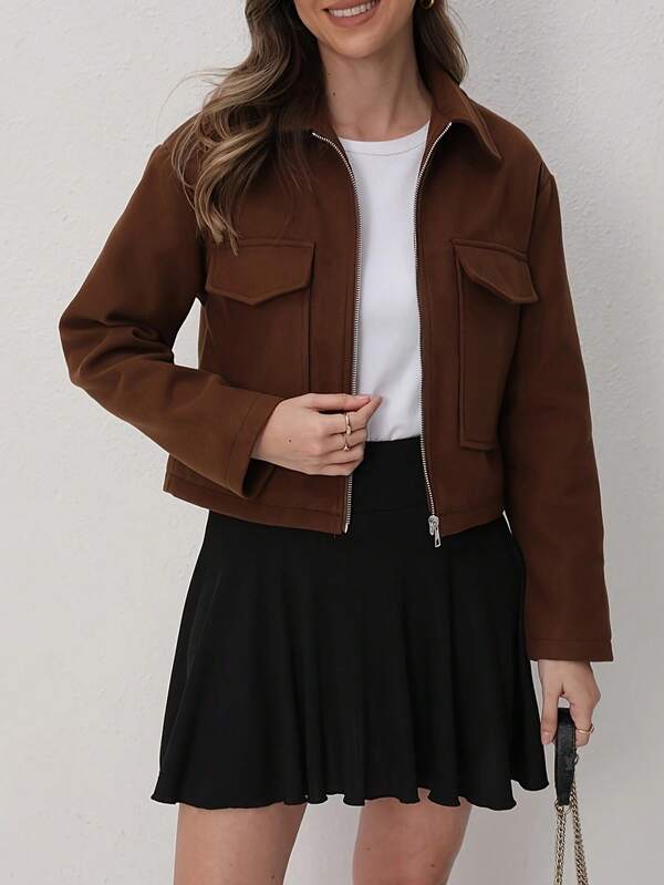 1 Stück Damen Mode einfarbige Reißverschluss-Kurzjacke, Langarm, Herbst/Winter