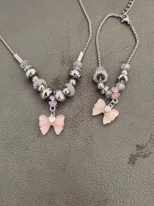 2 件 1 项链 1 手链 Y2K 不锈钢粉色天使翅膀项链 女士、甜心锁骨链、日常配饰情人节