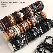 30pcs Men's Fashion Multi-Layer Vintage Leather Cord Braided Alloy Beaded Handmade Bracelet, Random Assortment