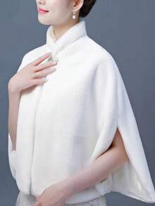 1pc Fashion Cloak With Slit, Stand Collar, High-Quality Soft Faux Fur Shawl, Suitable For Wedding, Party And Bridal Gown - White - View 5