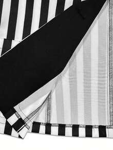 Women's Fashion Black And White Striped Short Jacket, Collared, Long Sleeve, Button Front, Regular Length, Woven Fabric, Non-Stretch - Black - View 4