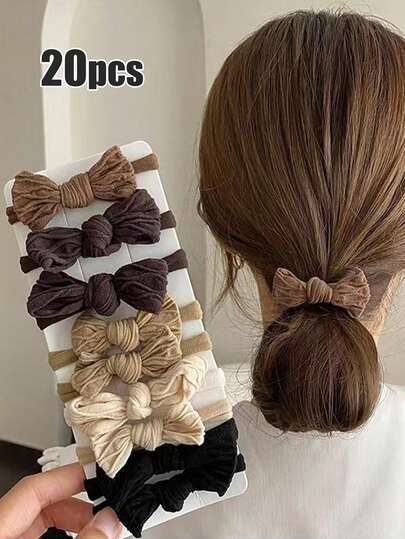 20pcs Mixed Color Bow Hair Scrunchies, Elegant Minimalist Korean Style Hair Ties For Ponytail Decoration, Cute Princess Casual Hair Accessories, Durable & Stretchy Ponytail Holder, Suitable For Daily Wear