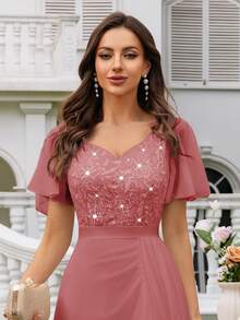 MIUSOL Sweetheart Neck Sequin Lace Ruffle Sleeve Split Thigh Chiffon Formal Party Maxi Dress