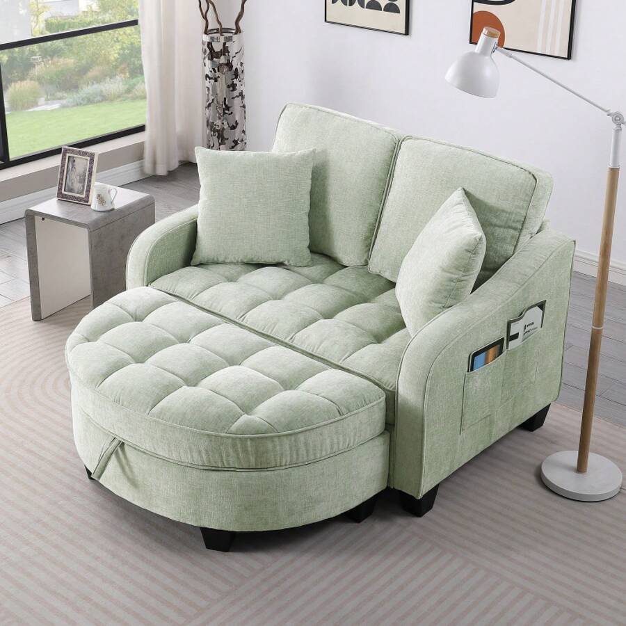 Two-Seater Sofa, Double Sofa Chaise Longue, With Irregular Armrests And Backrests, Footrest With Storage Space, Comes With Two Small Throw Pillows, Suitable For Living Room And Bedroom - Cyan - 棕色 - 查看 1