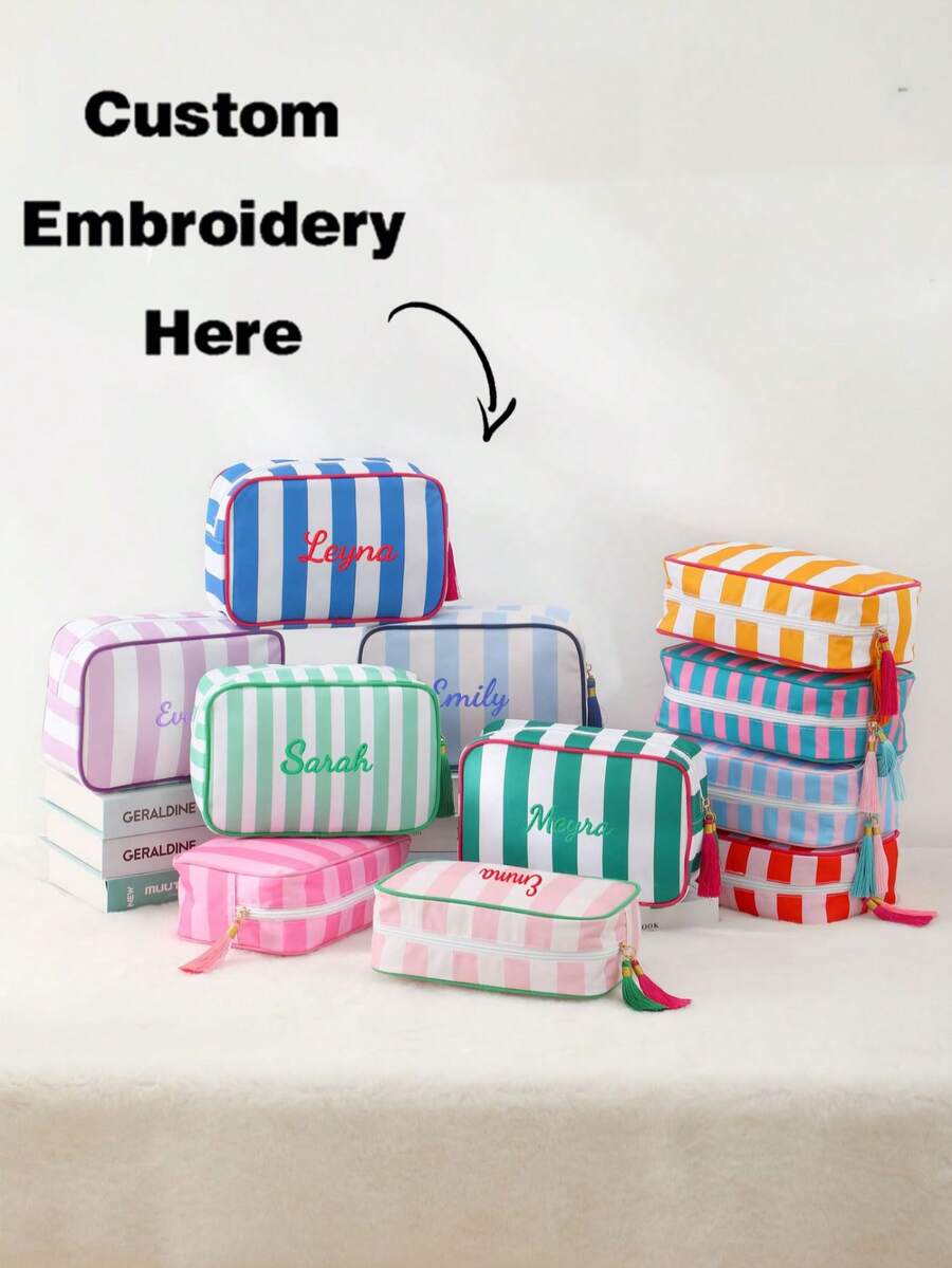 1pc Women'S Simple And Fashionable Striped Tassel Large-Capacity Cosmetic Bag Portable Toiletry Bag Suitable For Women College Students High School Students Outdoor Travel Vacation Home Storage School Dormitory Bathroom Essential Exclusive Customized Gift,Multifunction,Versatile,Large Capacity,Lightweight,Functional,Practical,All-Purpose,Colorful,Cute,Adorable,Contracted,Funny,Kawaii,Y2K,Minimalist,Commuting,Business Casual,Basics,Custom,Personalized,Unique,Customized,Ideal Gifts For Him,Ideal Gifts For Her,Her,Boyfriend,Girlfriend,Family,Friends,For Anniversaries,For Birthdays,For Holiday/ Vacation,For Outdoors/Outings/Travel/Hiking/Stadium/Sports/Climbing,For Business/Commute/Work/Office,Travel,Delicate Romance,Bags & Luggage,Customized Toiletry Bags - Multicolor - View 1
