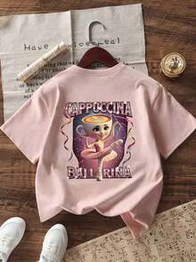 Tween Girl Graphic Print Crew Neck T-Shirt, Summer Top - Pink - View 4