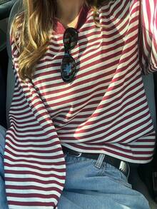 Striped Contrast Ribbed Casual Loose Raglan Top