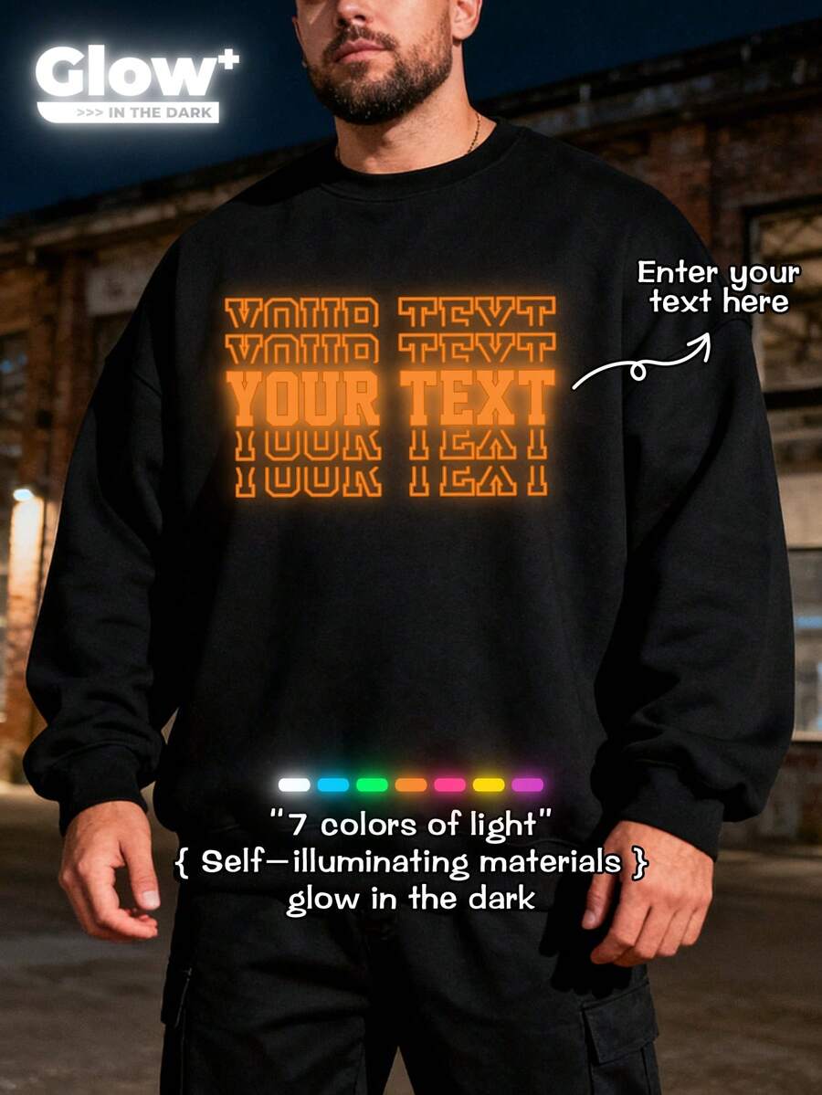 Glow In The Dark ,Customized Personalized Men's Plus Size Glow-In-The-Dark Round-Neck Sweatshirt. Multiple Text Options Available. Simply Upload Your Image To Get It. A Fashionable Endy Choice. - Black - View 1