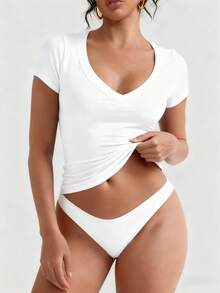 XLLAIS Women's T Shirt Sexy V Neck Summer Short Sleeve Slim Top Stretch Solid Casual Tee - White - View 4