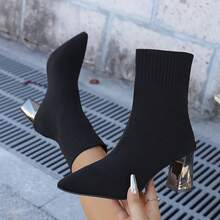 欧美风格弹力针织尖头中筒靴，女款加大码，酒红色，细高跟，秋冬时尚鞋 - 棕色 - 查看 3