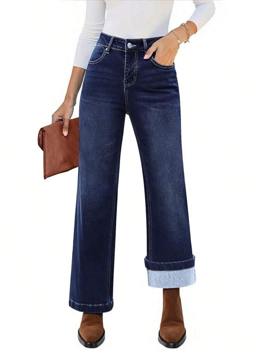 Flare Jeans For Women Thin Fleece Lined High Waisted Wide Leg  Fall Stretchy Denim Pants Trouser Jeanshalloween - 靛藍天藍色 - 查看 1