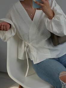 Women's Casual Long Sleeve Tie Front Blouse, Spring/Summer - White - View 1
