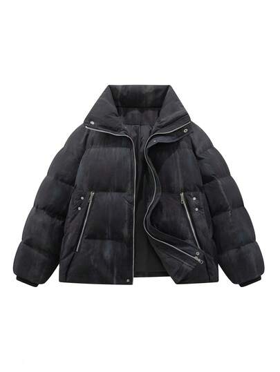 Men's Down Jacket, Perfect For Couples' Matching Winter Outfits, Stylish Casual Winter Jacket With A Retro Tie-Dye Design And Stand Collar, Oversized And Loose Fit, Perfect For Casual Sports Outerwear