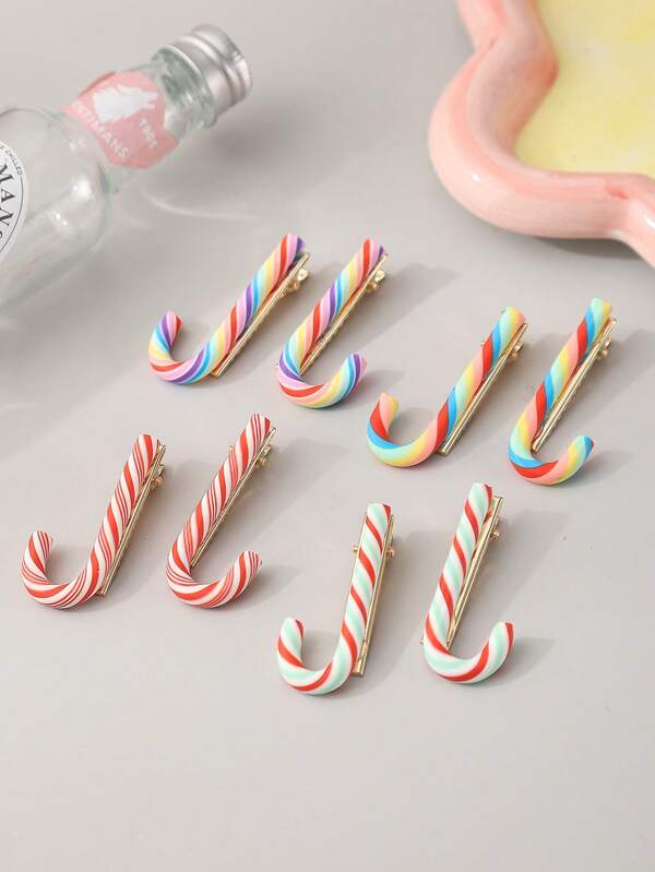 2pcs Cute Casual Colorful Candy Cane, Rainbow Candy Hair Clips Suitable For Pet Parties, Holidays Decoration