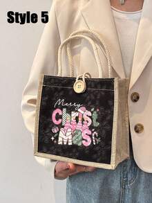 Geantă tote cu model de Crăciun Fericit, geantă tote reutilizabilă pentru femei cu imprimeu, geantă de școală și cumpărături cu mâner dublu, geantă de umăr cu capacitate mare, geantă tote casual, geantă de depozitare de Crăciun, geantă de cumpărături decorată cu nasturi, mâner dublu, geantă tote, reutilizabilă, potrivită pentru nuntă, ziua de naștere, plajă, festival, cadou pentru prieteni și cele mai bune prietene, cadou pentru profesori, alegerea perfectă pentru vacanță și festival