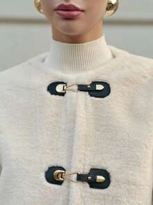 女士抓绒外套，休闲仿羊羔绒，金属纽扣，圆领，加厚保暖，秋冬季外套 - 米色 - 查看 2