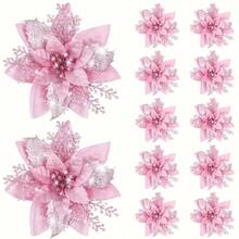 20pcs Glitter Poinsettia Artificial Christmas Flowers With Clips - Sparkling Blue & Pink Floral Garland Ornaments For Holiday Tree Decor, Wedding, And Party Decorations, Christmas Decorations - 10flower+10Clips - View 6
